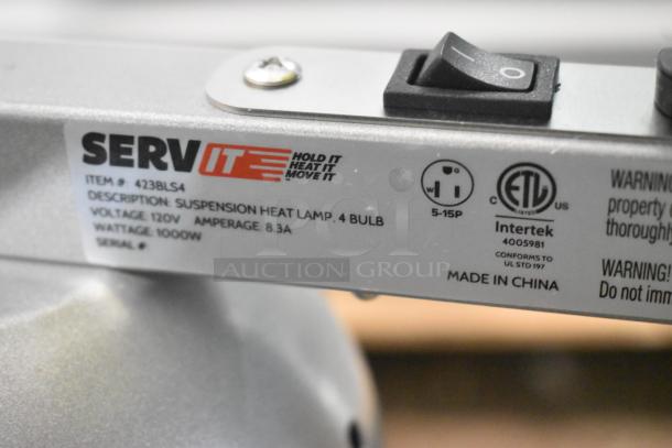 Brand new ServIt 423BLS4 suspension bar heat lamp, 4 bulbs, 120V, 1000W; label shows ETL certification and "Made in China."