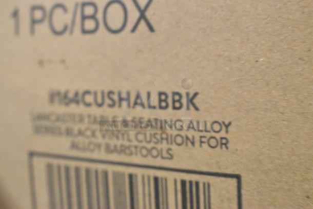 15 new Lancaster Table & Seating 164CUSHALBBK alloy black vinyl cushions for barstools, packaging shows SKU and model details.