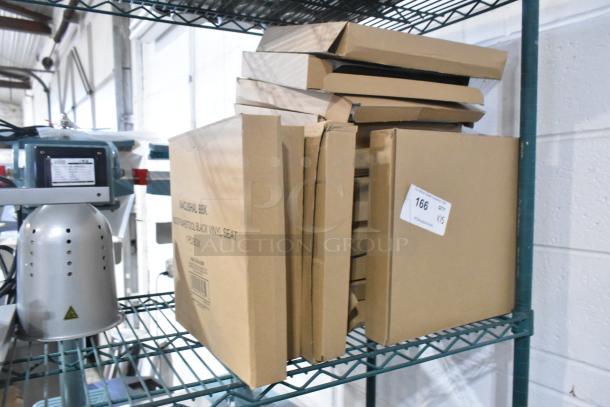 15 new Lancaster black vinyl cushions for barstools in boxes, scratch and dent condition, 15 times bid value.
