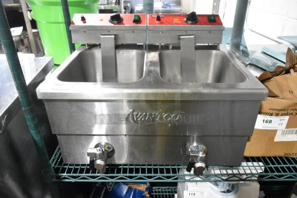 Brand new Avantco 177F202 30 lb. dual tank electric fryer, 208-240V, 1 phase. Medium-duty, minor scratches, countertop model.
