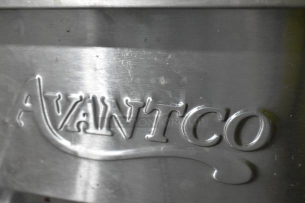 Alt Text: Close-up of Avantco logo on the 2024 Avantco 177F202 dual tank electric countertop fryer, showing light surface scratches.