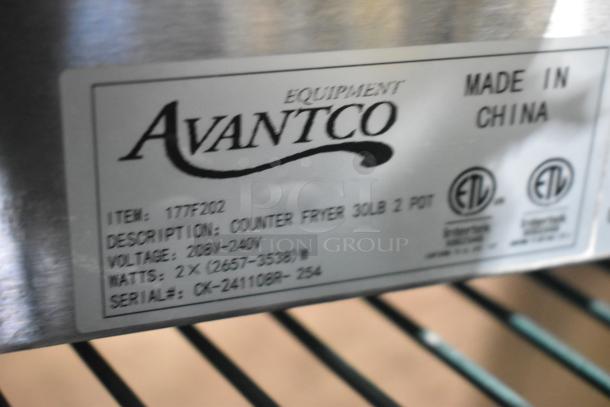 Brand new Avantco 177F202 electric fryer label, shows 30 lb capacity, dual tank, 208-240V, 1 phase, scratch and dent condition.