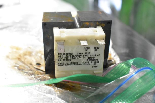 5 Brand new Hobart item components, including rinse base and assembly. Labels show model numbers and manufacturer info.