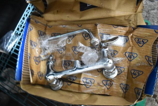 BRAND NEW T&S B-2414-CR-SC wall mount mixing faucet in original packaging, with 8" swing nozzle and adjustable centers.