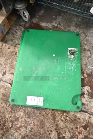 Brand new Choice 407CBG2418GN 24"x18" green cutting board with grips, hook, rulers; slight scratches visible, with labels.