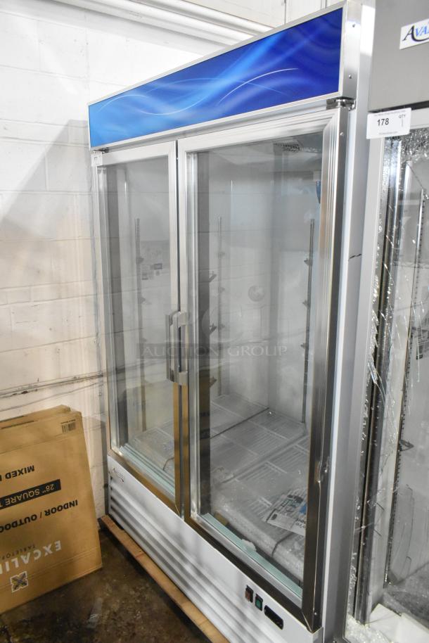 Brand new Avantco 178GDC49HCW 53" white swing glass door merchandiser refrigerator with LED lighting; scratch and dent condition.