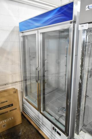 Brand new Avantco 178GDC49HCW 53" white swing glass door merchandiser refrigerator with LED lighting; scratch and dent condition.