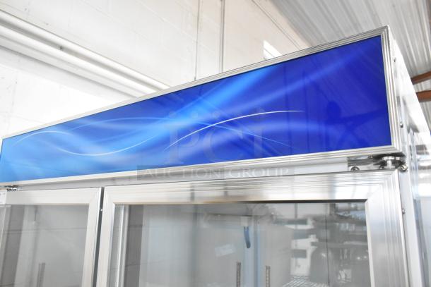 BRAND NEW Avantco 178GDC49HCW 53" white swing glass door merchandiser refrigerator, customizable, with LED lighting.