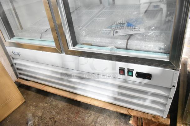 Brand new Avantco 178GDC49HCW merchandiser refrigerator with swing glass door, LED lighting, minor scratches, 53-inch, 115V.