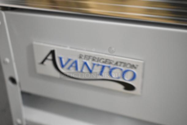 Brand new Avantco 178GDC49HCW merchandiser refrigerator. White, 53" with swing glass door, LED lighting, 115V, 1 phase.