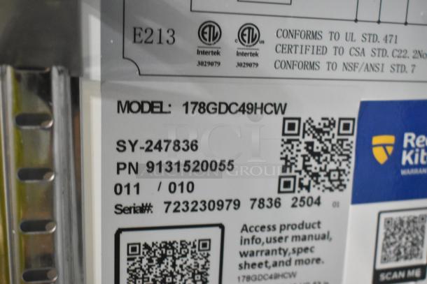 BRAND NEW Avantco 178GDC49HCW 53" White Glass Door Merchandiser, LED lighting. Tag shows model and certification details.