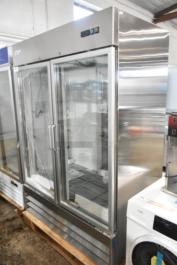 Avantco 178A49RGHC stainless steel 2-door cooler, new, with glass damage. 115V, 1 phase. For commercial use.