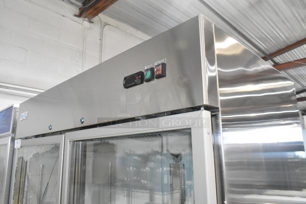 Brand new Avantco 178A49RGHC stainless steel 2-door reach-in cooler with glass damage. 115 volts, 1 phase.