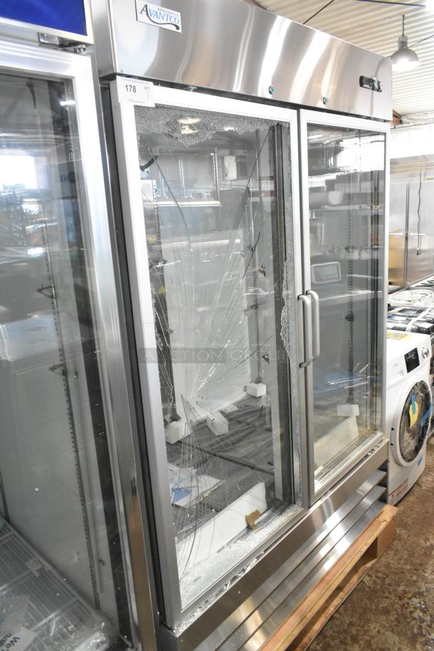 Avantco 178A49RGHC stainless steel 2-door reach-in cooler merchandiser, glass damage evident, 115 volts, 1 phase.