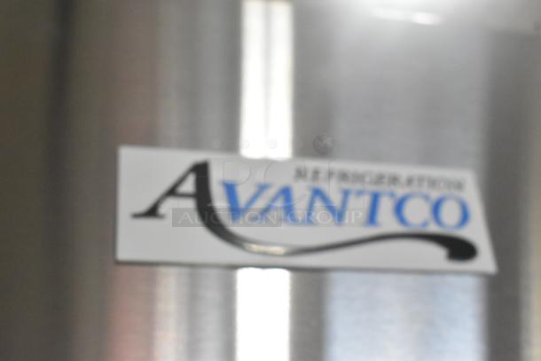 Avantco label on a stainless steel surface of the 2025 Avantco 178A49RGHC cooler. Glass damage mentioned.