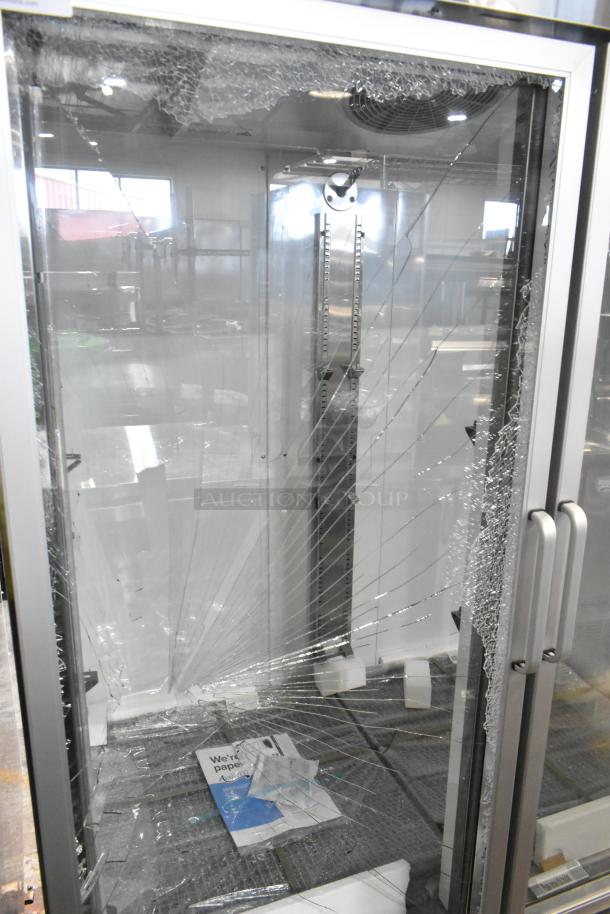 BRAND NEW Avantco 178A49RGHC stainless steel 2-door cooler merchandiser with cracked glass. 115 Volts, 1 Phase.