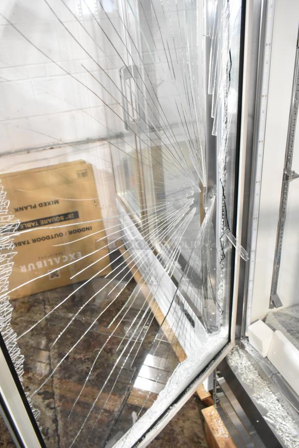 Avantco 178A49RGHC stainless steel 2-door reach-in cooler merchandiser, glass door cracked, 115 volts, 1 phase.