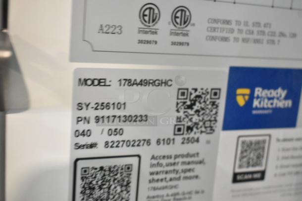 Label for Avantco 178A49RGHC cooler, showing model, serial number, and certification marks. QR code for product info.