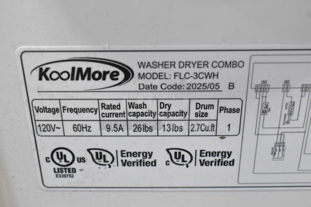 Label on KoolMore FLC-3CWH washer dryer combo showing specifications: 120V, 60Hz, 2.7 cu. ft. capacity, UL listed.
