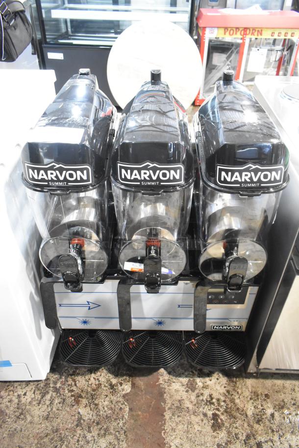 Brand new Narvon stainless steel 3-hopper slushie machine, 115V, 1 Phase, with visible scratches and dents.