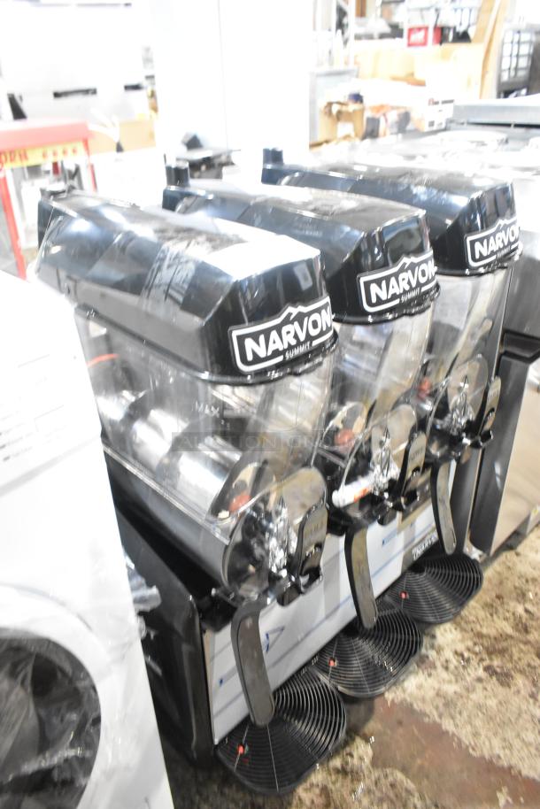 Brand new Narvon 3 hopper slushie machine with stainless steel finish, 115 volts, minor scratches, commercial use.