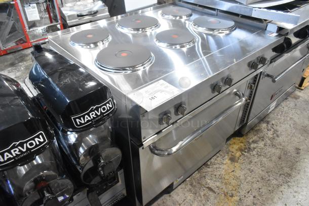 Brand new 2024 Cooking Performance Group 351ER36SD stainless steel 6-burner electric range with oven, 240V, 1 phase, scratch and dent.