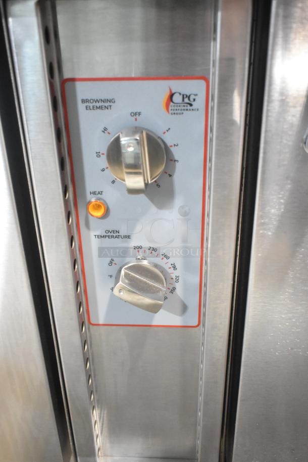 Close-up of the Cooking Performance Group 351ER36SD range controls, showing browning element and oven temperature dials.