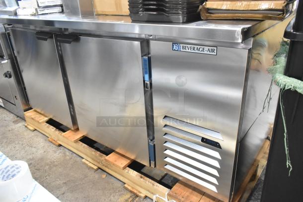 Brand new Beverage Air WTF67AHC stainless steel commercial 2-door work top freezer. Scratch and dent. 115V, 1 phase.