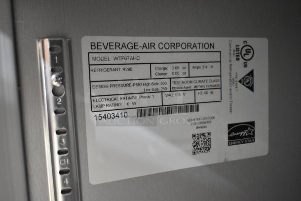 BRAND NEW SCRATCH AND DENT Beverage Air WTF67AHC stainless steel commercial 2-door work top freezer label showing specs and ratings.