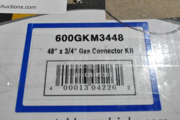 Alt text: "Label on Regency 600GKM3448 48-inch gas connector kit box, showing dimensions 48” x 3/4” for the hose kit."