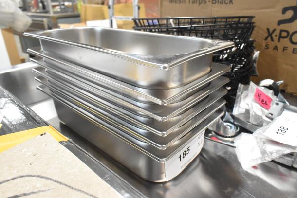 6 new Choice 4070IC3L 2.5L stainless steel gelato pans, stacked; minor scratches visible, auction label present.