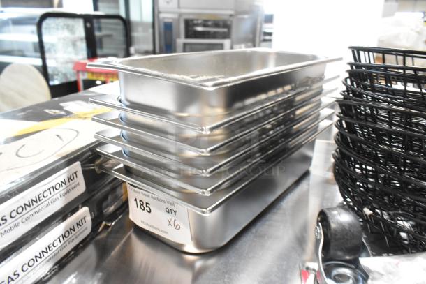 6 new Choice 4070IC3L 2.5L stainless steel gelato pans, minor scratches, stacked. Label: Qty 6 per bid.