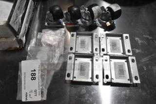 Lot of various items including 4 brand new commercial casters and mounting plates. Some items have scratches or dents. Tags show labels with barcodes.