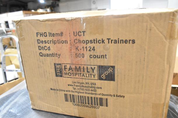 Box labeled "Chopstick Trainers" by The Family Hospitality Group, 500 count, in new condition.