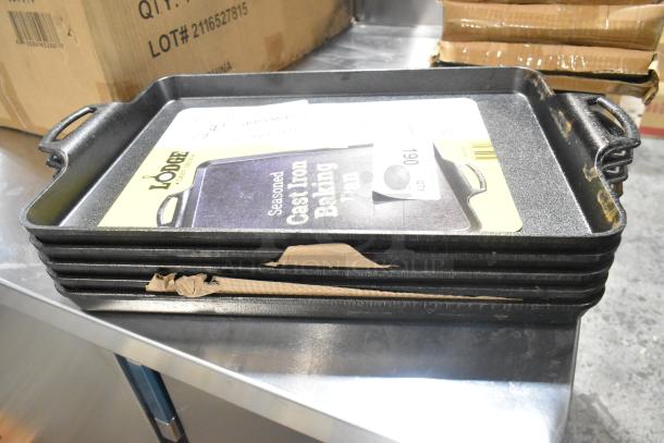 Brand new Lodge 530BW15BP pre-seasoned cast iron roasting pan, 15 1/2" x 10 1/2", stack of five, some packaging damage.