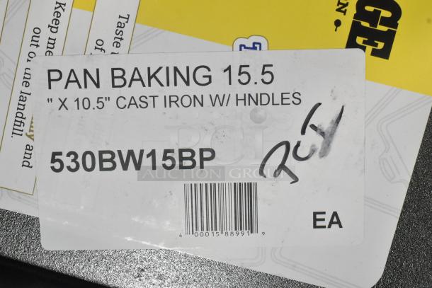 Lodge 530BW15BP 15.5"x10.5" pre-seasoned cast iron roasting pan, new with scratch and dent label, barcode visible.