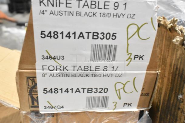 Labels from boxes of Amefa Austin Black heavy weight table knives and forks with item numbers 548141ATB305 and 548141ATB320.
