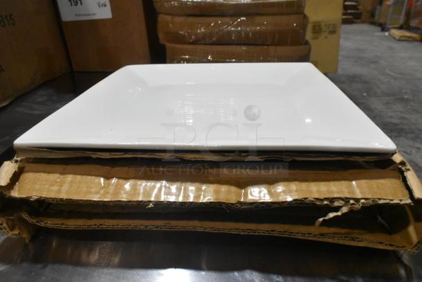 Box of white rectangular ceramic plates stacked, with visible cardboard packaging in a warehouse setting.