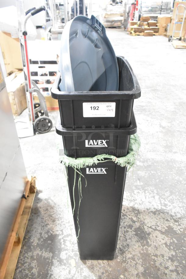 Brand new Lavex 475WH23BK 23-gallon black slim trash can, includes lid. Stack of four. Auction label visible.