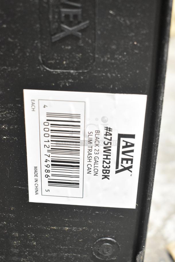 Lavex 23-gallon black slim rectangular trash can, model #475WH23BK, brand new with minor scratches and dents.