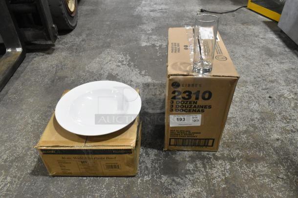 Libbey 2310 Lexington 10.5 oz. highball glass case and Acopa 16 oz. white melamine pasta bowl pack, new, boxes shown.
