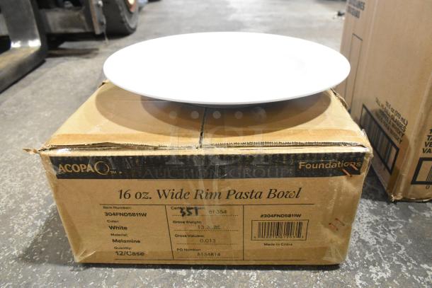 Box of Acopa Foundations 16 oz. White Wide Rim Melamine Pasta Bowls, 12-pack, shown with one bowl on top. Box indicates item number 304FND5811W.