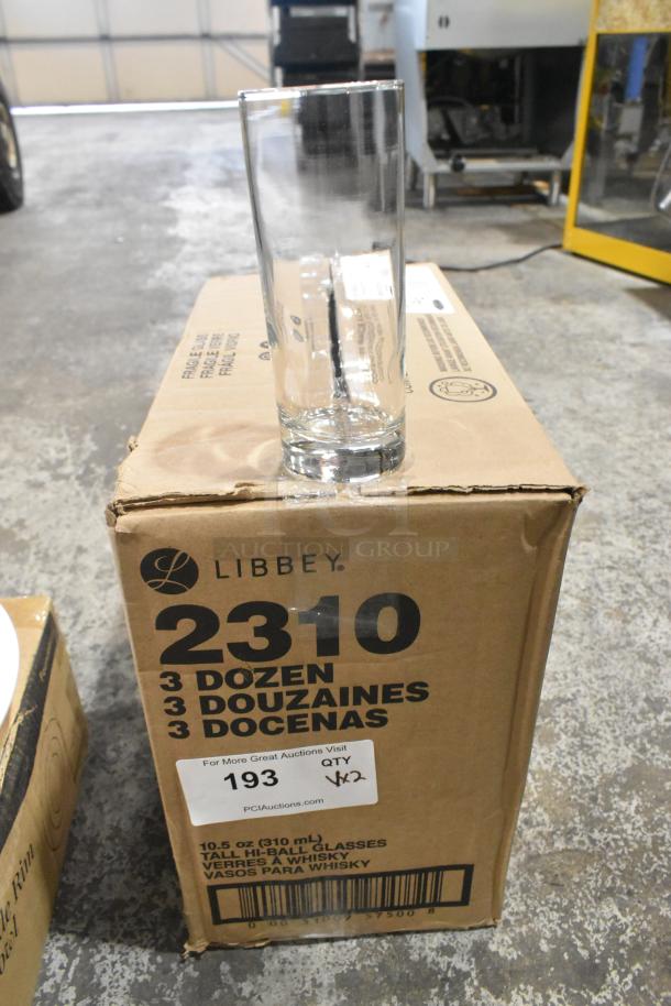 Libbey 2310 Lexington 10.5 oz. highball glass atop original packaging; new condition, part of a 36-case set.