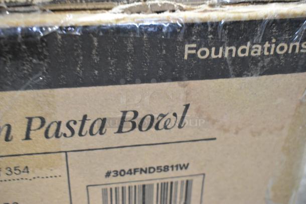 Acopa Foundations 16 oz. White Wide Rim Melamine Pasta Bowl box, labeled with product details.