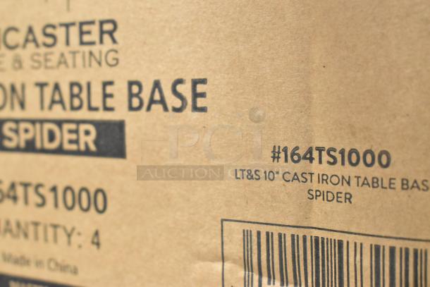 Box label showing "164TS1000 TABLE BASE CAST IRON SPIDER 10" RND". Quantity: 4, Made in China.