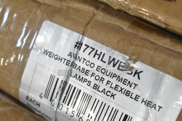 Label on a cardboard box for Avantco Equipment, model #177HLWBBK, weighted base for flexible heat lamps, black.