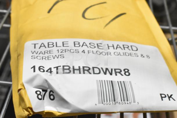 New table base hardware set, 12 pieces, includes 4 floor glides, 8 screws. Label shows model 164TBHRDWR8.