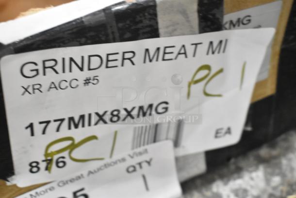 "Brand new Avantco 177MIX8XMG #5 hub meat grinder attachment for MIX8 mixers, scratch and dent, shown with product labels."