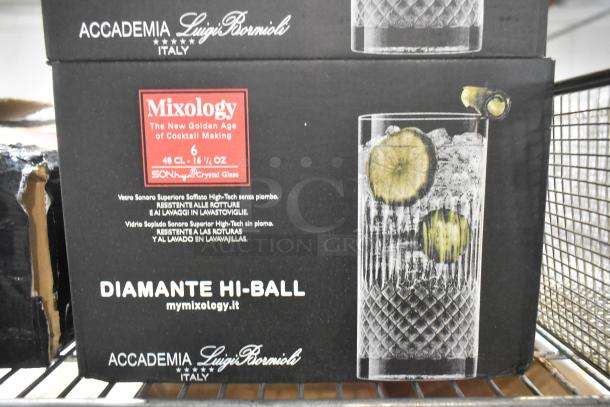 Box of 6 Luigi Bormioli Diamante Hi Ball Glasses, new in original packaging. Mixology 48 CL capacity. Dishwasher safe.