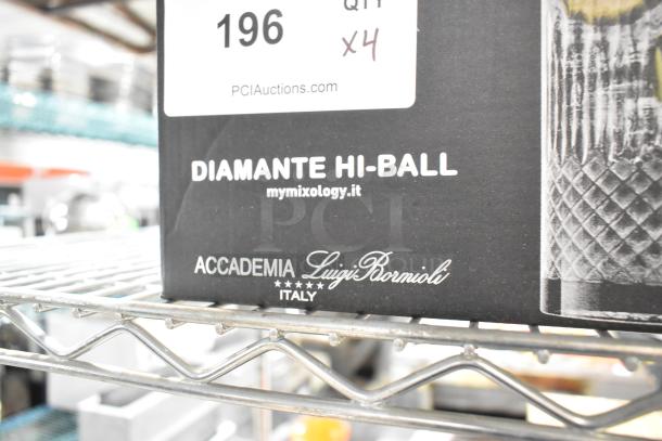 Box of 6 Luigi Bormioli Diamante Hi Ball Glasses, brand new with minor scratches and dents, Italian-made, auction lot 196.
